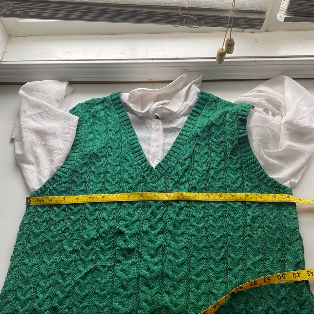 Christian Siriano White Collared Blouse Green Cable Knit Sweater Vest Preppy - Picture 9 of 13